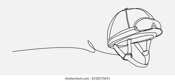 Desenho contínuo de uma linha de capacete de hóquei. Esporte, cavalo, equitação, equestre, adestramento, polo, conceito de proteção. Vetor de traçado editável.