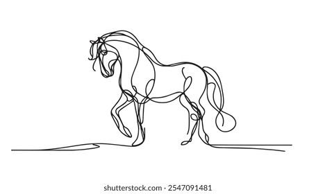 Desenho contínuo de uma linha. Logotipo do cavalo. Ilustração vetorial em preto e branco. Conceito para logotipo, cartão, banner, cartaz, folheto