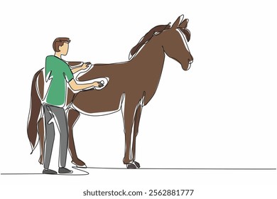 Continuous one line drawing a horse being examined using a stethoscope on its abdomen. Make sure there are no wounds inside. National Help A Horse Day. Single line draw design vector illustration