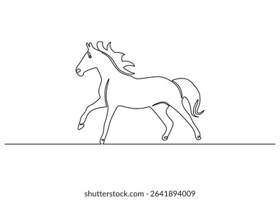 Continuous one line drawing of Horse on nature. Single line drawing illustration of Horse in a field during daylight. Summer day concept vector art. Doodle line illustration.