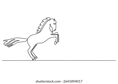 Continuous one line drawing of Horse on nature. Single line drawing illustration of Horse in a field during daylight. Summer day concept vector art. Doodle line illustration.