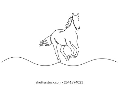 Continuous one line drawing of Horse on nature. Single line drawing illustration of Horse in a field during daylight. Summer day concept vector art. Doodle line illustration.