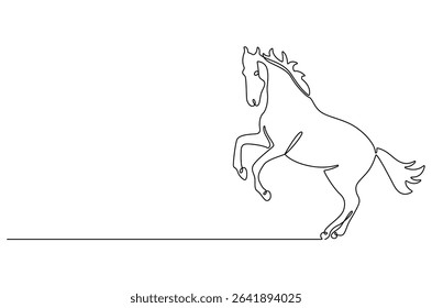 Continuous one line drawing of Horse on nature. Single line drawing illustration of Horse in a field during daylight. Summer day concept vector art. Doodle line illustration.