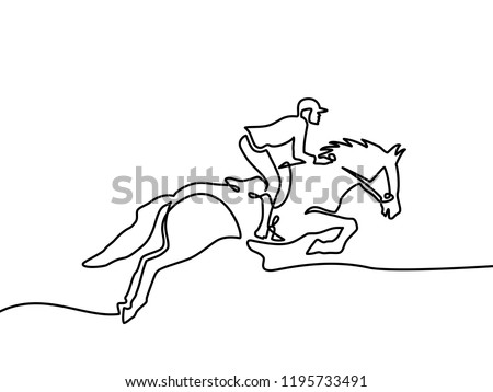 Continuous one line drawing. Horse and rider on horseback logo. Black and white vector illustration.