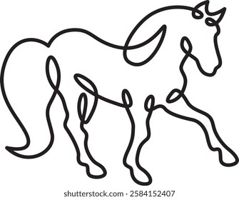 Continuous one line drawing horse.Beautiful silhouette of a horse.Line isolated minimal logo.Line art.Not AI.