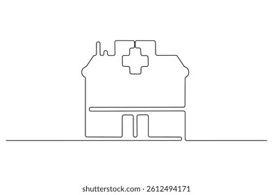 Continuous one line drawing of Hospital. Single line drawing illustration of Hospital building construction. Medical healthcare concept vector art. Doodle line illustration.