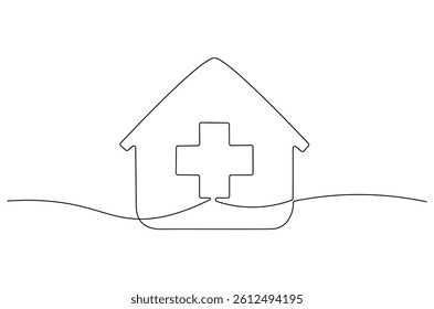 Continuous one line drawing of Hospital. Single line drawing illustration of Hospital building construction. Medical healthcare concept vector art. Doodle line illustration.