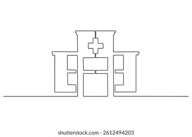 Continuous one line drawing of Hospital. Single line drawing illustration of Hospital building construction. Medical healthcare concept vector art. Doodle line illustration.