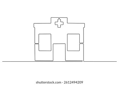 Continuous one line drawing of Hospital. Single line drawing illustration of Hospital building construction. Medical healthcare concept vector art. Doodle line illustration.
