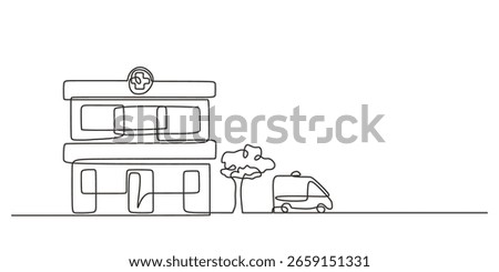 Continuous one line drawing of a hospital building. Illustration hand drawn medical place with ambulance. Healthcare, emergency service, and healing concept. Vector minimalist with copy space.