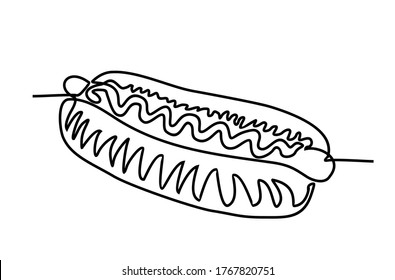 Kontinuierliche Zeichnung eines Hotdog-Logotyps. Einzeilige Zeichnung, Vektorgrafik. Fast Food Hot Dog, Logo-Emblem für den Lebensmittelmarkt.