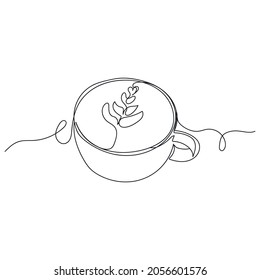 Dibujo continuo de una línea de latte caliente en taza en silueta sobre un fondo blanco. Linear estilizado.