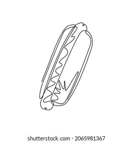 Kontinuierlich eine Linie ziehen hot dog. Fast Food gekochte Würste von Hot Dog in Scheiben. Fast Food für Poster, Menüs, Broschüren, Web, Ikone Fastfood. Vektorgrafik-Illustration mit Einzelzeilenzeichnung