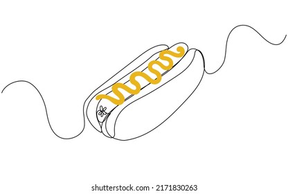 Dibujo continuo de una línea de hot dog. Concepto de cafetería de comida rápida, restaurante, tienda o servicio de entrega de comida. Ilustración del vector