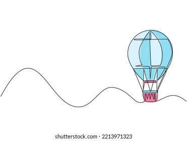 Continuous One Line Drawing Hot Air Balloon With Stripe Pattern And A Passenger Basket. Fun Flying Vacation Experience In The Sky With The Family. Single Line Draw Design Vector Graphic Illustration.