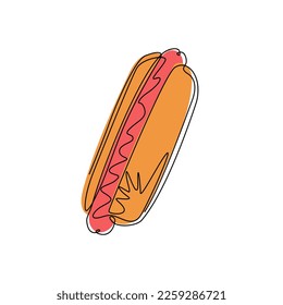 Continuous one line drawing hot dog. Fast food cooked sausage of hot dog in sliced bun. Fast food for poster, menus, brochure, web, icon fast food. Single line draw design vector graphic illustration