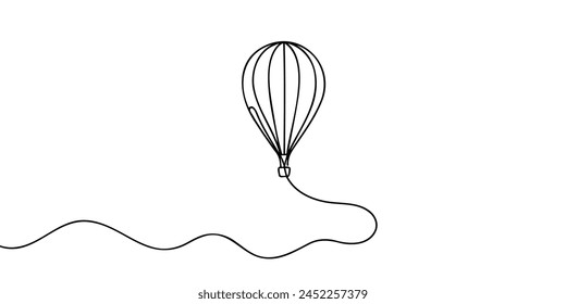 Continuous one line drawing of hot air balloon in sky with clouds. hot air balloon icon in single line doodle style