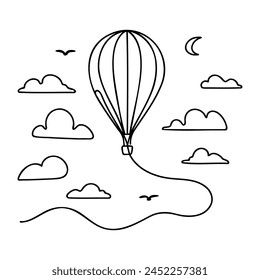 Continuous one line drawing of hot air balloon in sky with clouds. hot air balloon icon in single line doodle style