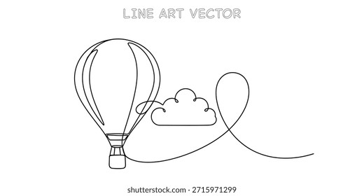 Dibujo continuo de una línea de un globo aerostático que vuela más allá de una nube. Diseño minimalista para viajes, aventuras y conceptos de libertad. Sencillo. Ilustración vectorial