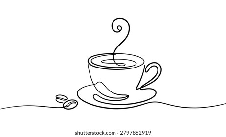 continuous one line drawing of hot coffee cup with steam and coffee beans minimalist cafe beverage concept elegant outline vector illustration