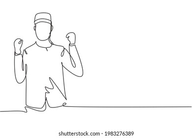 Continuous one line drawing hotel doorman with celebrate gesture and neat uniform. Serve guests friendly and warm manner. Professional work concept. Single line draw design vector graphic illustration