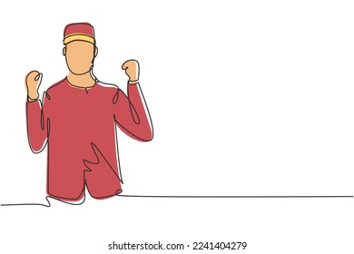 Continuous one line drawing hotel doorman with celebrate gesture and neat uniform. Serve guests friendly and warm manner. Professional work concept. Single line draw design vector graphic illustration