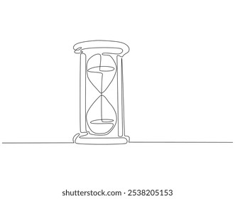 Continuous one line drawing of hourglass. One line drawing illustration of hourglass with flow sand. Retro timer, vintage clock concept line art. Editable outline