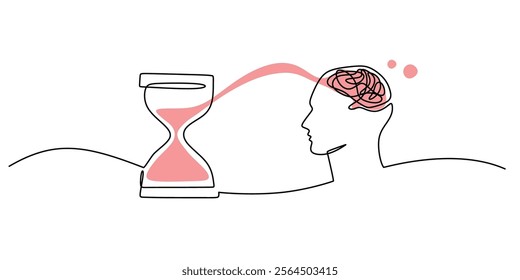 Continuous one line drawing of an hourglass with a brain. Symbolizing the passage of time, mental challenges, and the connection between time and thought. Vector illustration hand drawn.