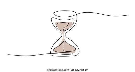 Continuous One line drawing of Hourglass. Classic time symbol with two bulbs and a connecting line. Vector illustration hand drawn.