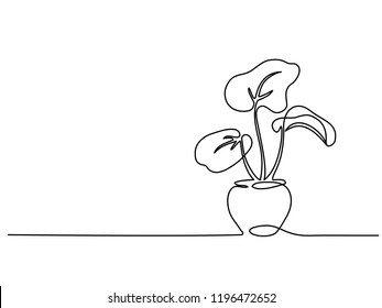 Continuous one line drawing. House plant in pot. Vector illustration