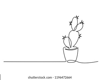 Continuous one line drawing. House cactus in pot. Vector illustration