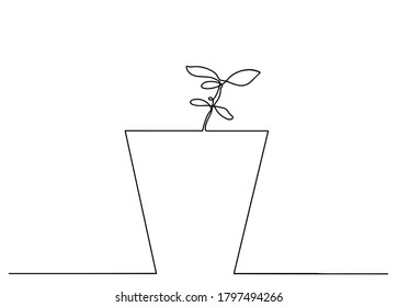 Continuous one line drawing. House plant in pot. Vector illustration.One line drawing House plant in pot, Black and white minimalist. One continuous line of art is growing sprouts. Plant seed leavesю