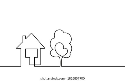 Continuous one line drawing house and tree  country residential building   nature concept  Minimalistic contour illustration vector