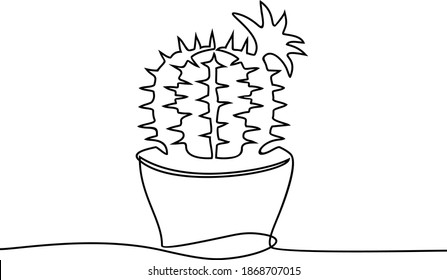 Continuous one line drawing. House cactus in pot. Home plants, succulents sketch. Design minimalist concept. Vector illustration