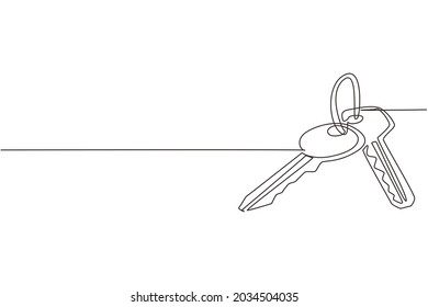 Continuous one line drawing house key with blank isolated on white background. Concept of privacy, security and protection. Vector illustration in flat trendy style. Single line draw design graphic