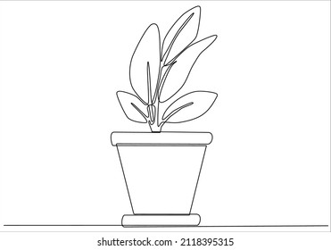 Continuous one line drawing. House plant in pot. Vector illustration