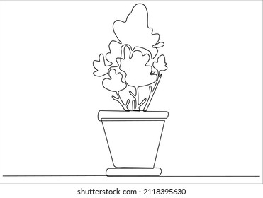 Continuous one line drawing. House plant in pot. Vector illustration