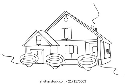 Dibujo continuo de una línea de la casa con arbustos. Resumen de casa de campo de estilo minimalista. Esbozo continuo dibujado a mano. Vector