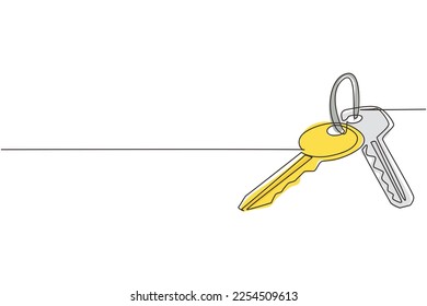 Continuous one line drawing house key with blank isolated on white background. Concept of privacy, security and protection. Vector illustration in flat trendy style. Single line draw design graphic