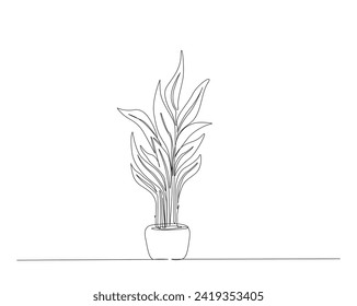Continuous one line drawing of house plant flowers in a pot. Tropical flower in a pot single outline vector illustration. Editable stroke.