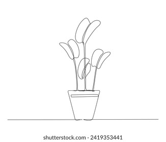 Continuous one line drawing of house plant flowers in a pot. Tropical flower in a pot single outline vector illustration. Editable stroke.
