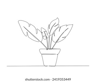 Continuous one line drawing of house plant flowers in a pot. Tropical flower in a pot single outline vector illustration. Editable stroke.