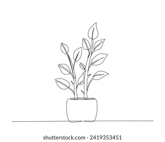 Continuous one line drawing of house plant flowers in a pot. Tropical flower in a pot single outline vector illustration. Editable stroke.