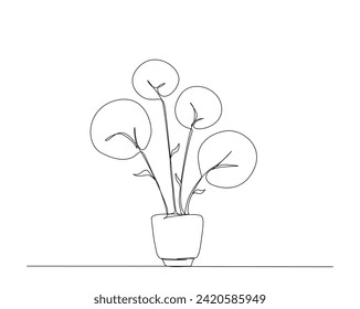 Continuous one line drawing of house plant in a pot. House plant or flower in a pot single outline vector illustration. Editable stroke.