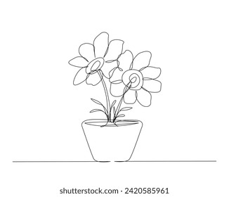 Continuous one line drawing of house plant in a pot. House plant or flower in a pot single outline vector illustration. Editable stroke.
