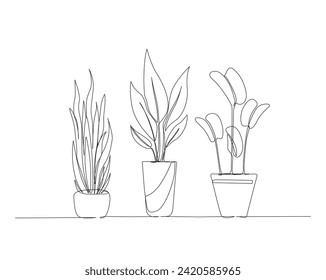 Continuous one line drawing of house plant in a pot. House plant or flower in a pot single outline vector illustration. Editable stroke.