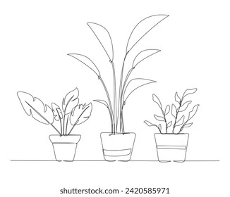 Continuous one line drawing of house plant in a pot. House plant or flower in a pot single outline vector illustration. Editable stroke.