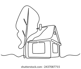 Dibujo continuo de una línea de casa con árbol. Pequeña casa de campo de madera abstracta en estilo minimalista. Esbozo continuo dibujado a mano. Vector