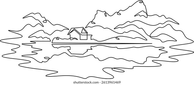 Continuous one line drawing house by the lake.Residential house on the lake shore.Mountain landscape.
One continuous line isolated minimal illustration.Not AI.