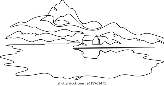 Continuous one line drawing house by the lake.Residential house on the lake shore.Mountain landscape.
One continuous line isolated minimal illustration.Not AI.